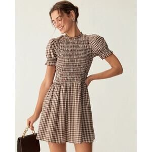 Rihoas Brown Gingham Shirred Puffed Sleeve Mini Dress